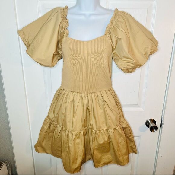 Endless Rose Mixed Media Puff Sleeve Tiered Mini Dress Tan S NWT - Picture 6 of 13